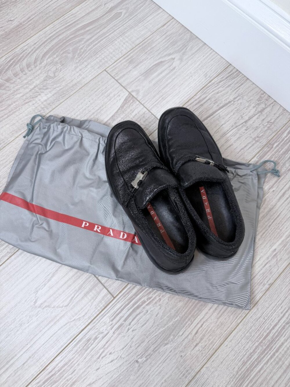 Vintage Prada Sport Black Leather Loafers Vibram Sole Size 35